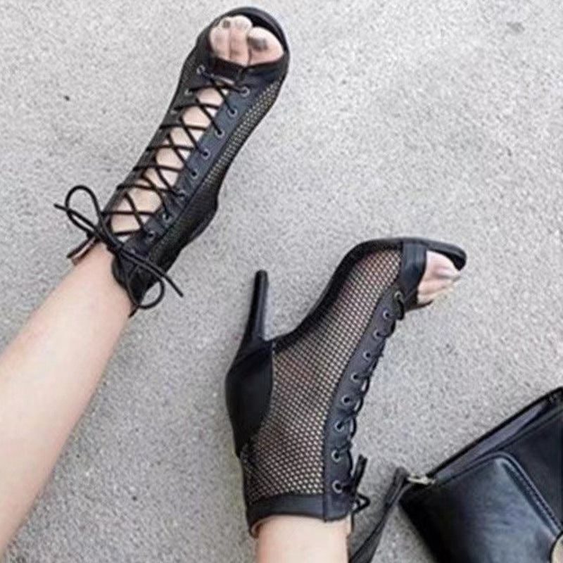 Lace Up Peep Toe Stiletto Booties