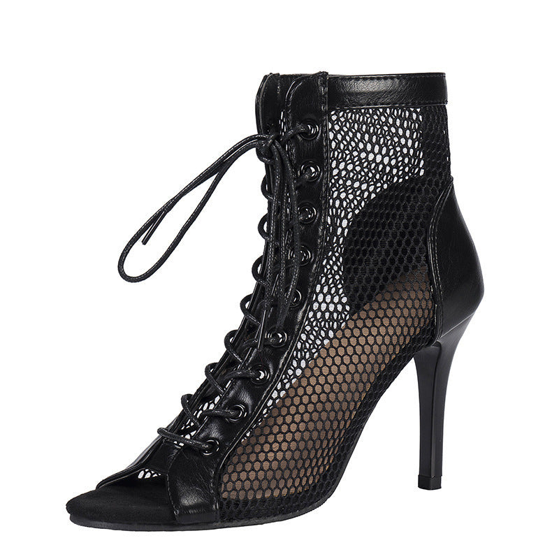 Lace Up Peep Toe Stiletto Booties