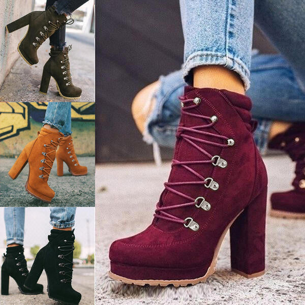 Round Toe Lace Up High Heeled Boots