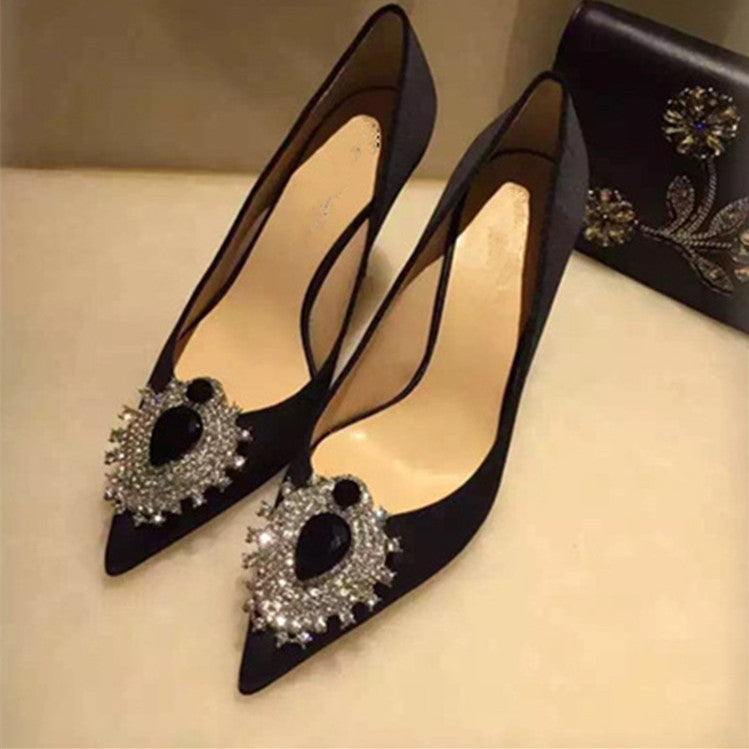 Rhinestone Satin Pointed Toe High Heels