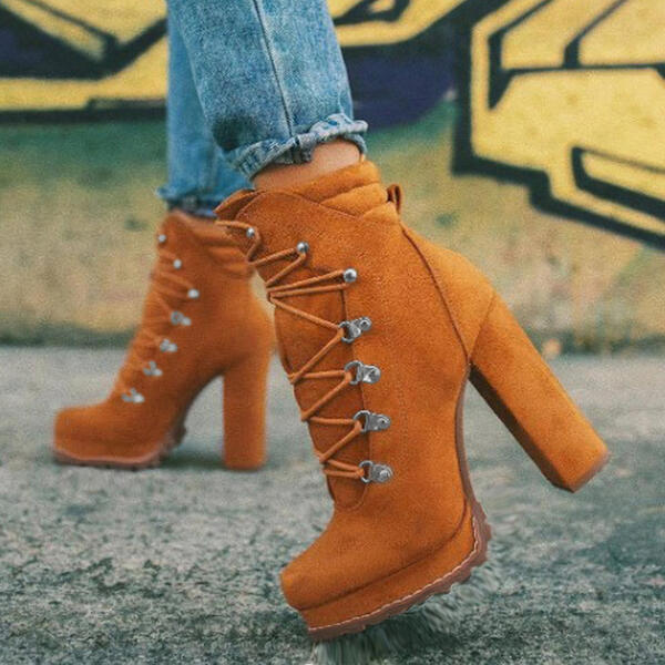 Round Toe Lace Up High Heeled Boots