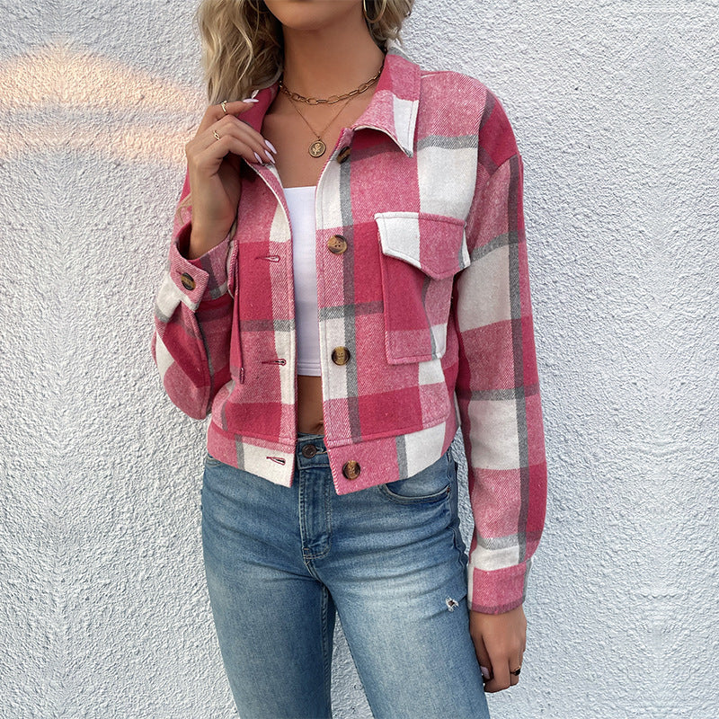 Plaid Cropped Jacket With Pockets