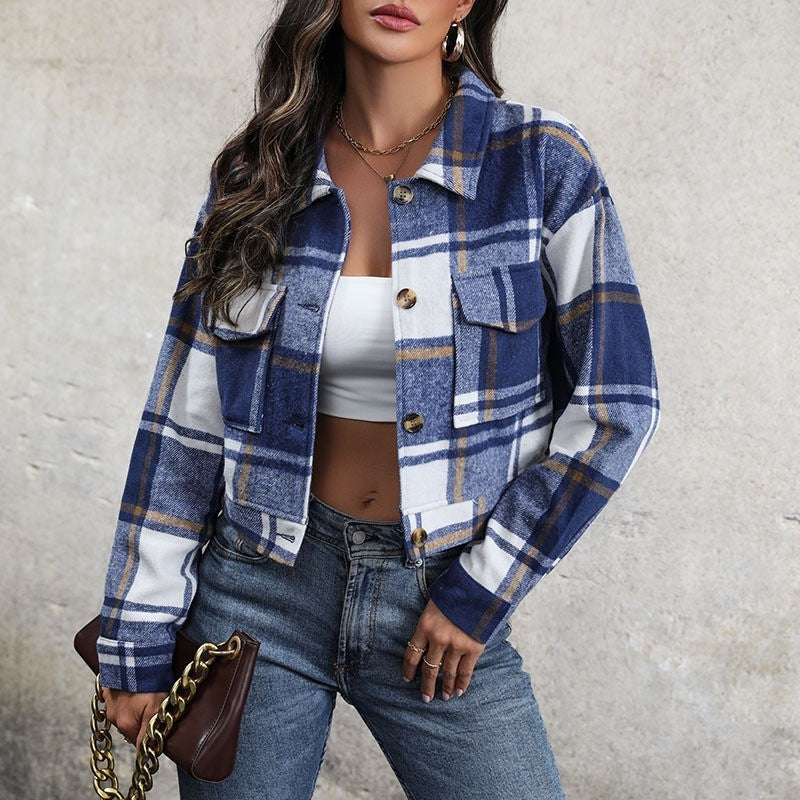 Plaid Cropped Jacket With Pockets