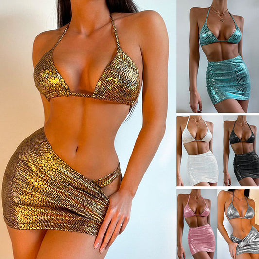 3 Piece Halter Snake Pattern Bikini Set With Cover Up Skirt