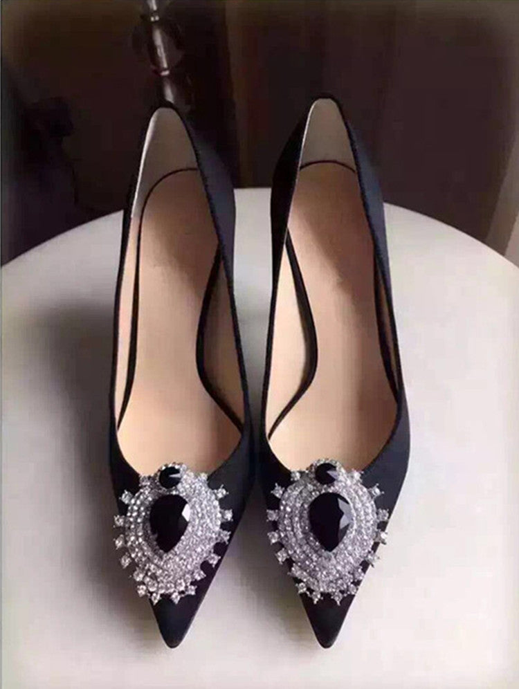 Rhinestone Satin Pointed Toe High Heels