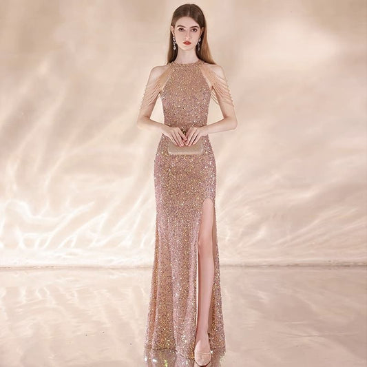 Embellished Halter Neck Evening Dress