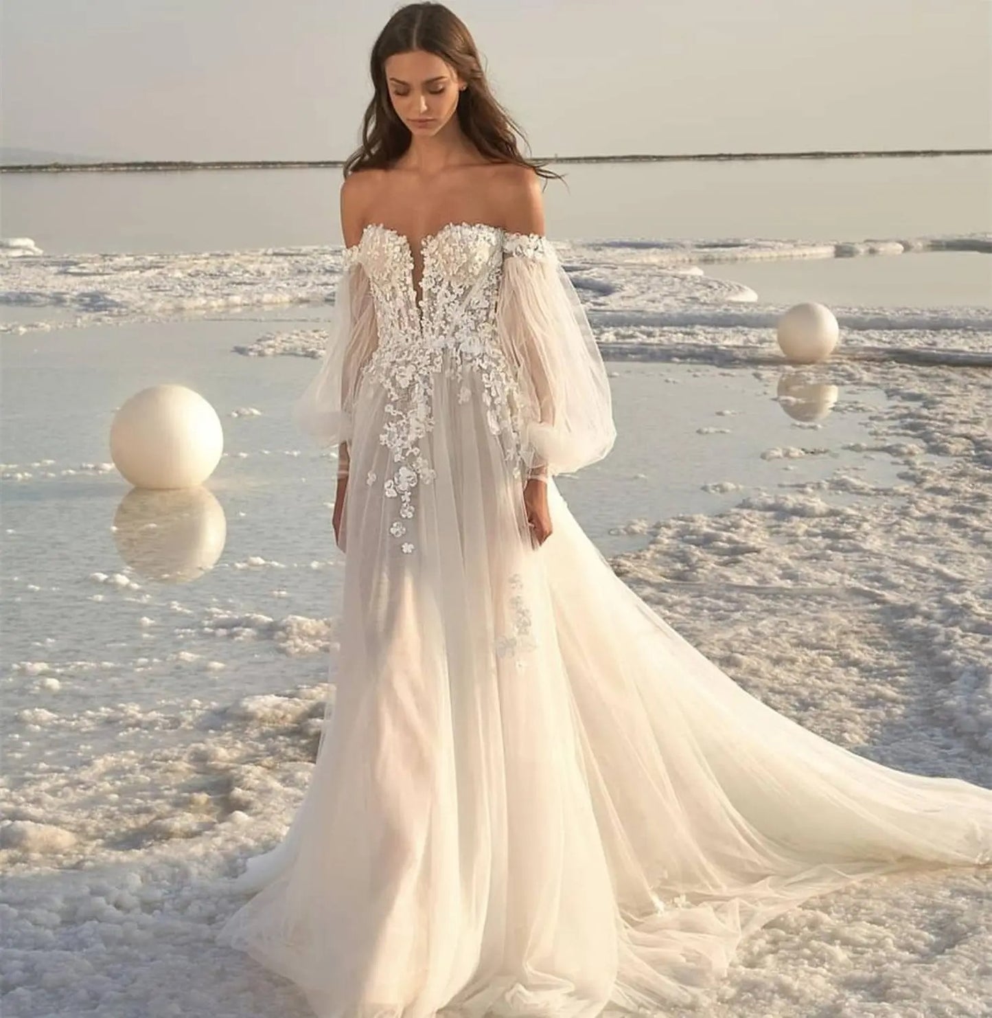 Puff Sleeve Beach Wedding Dress