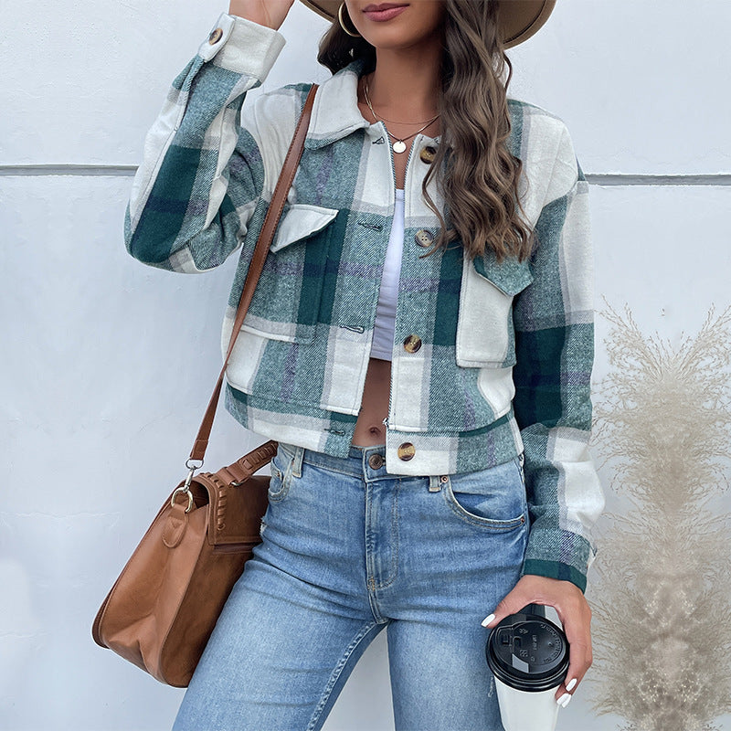 Plaid Cropped Jacket With Pockets