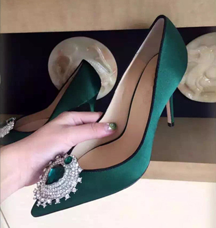 Rhinestone Satin Pointed Toe High Heels