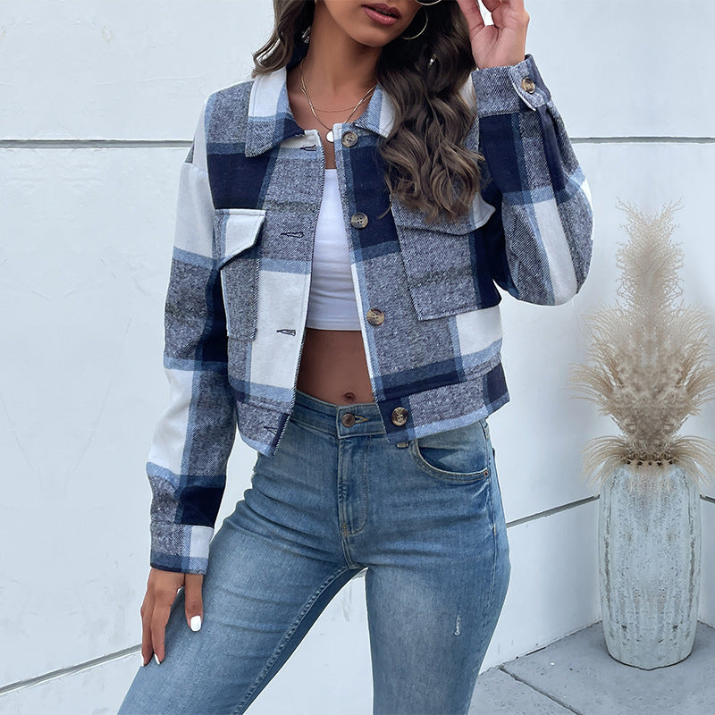 Plaid Cropped Jacket With Pockets