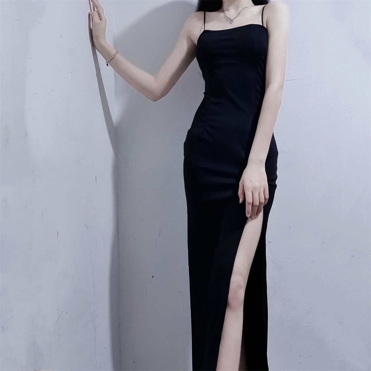 Black Slip Dress With Thigh Split