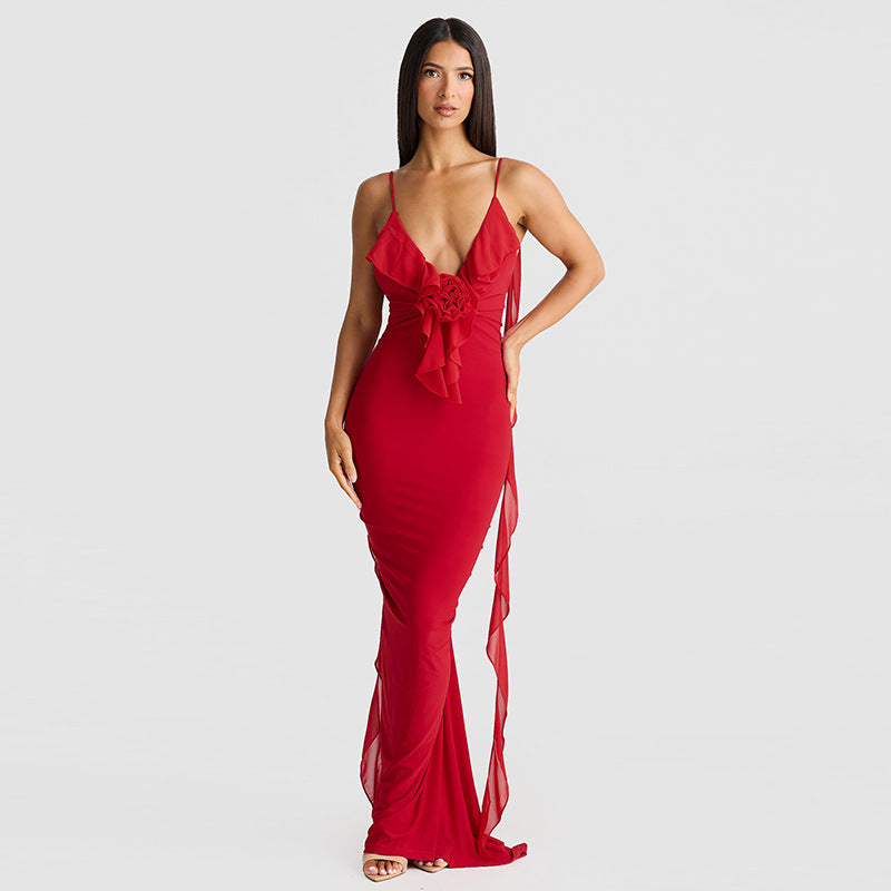 Backless Ruffle Detail Evening Gown