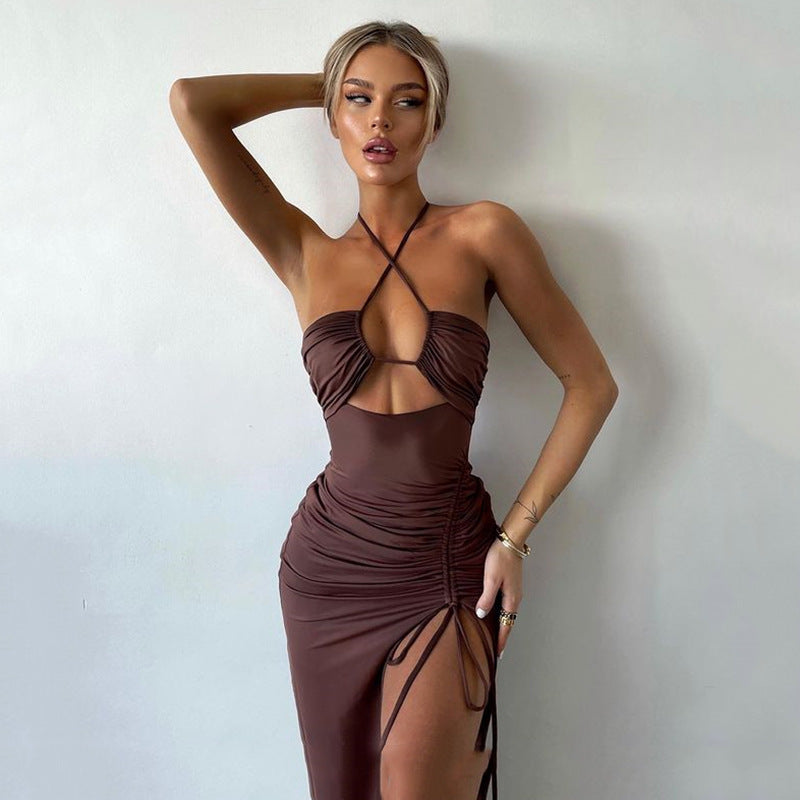 Halterneck Lace-up Dress With Thigh Split