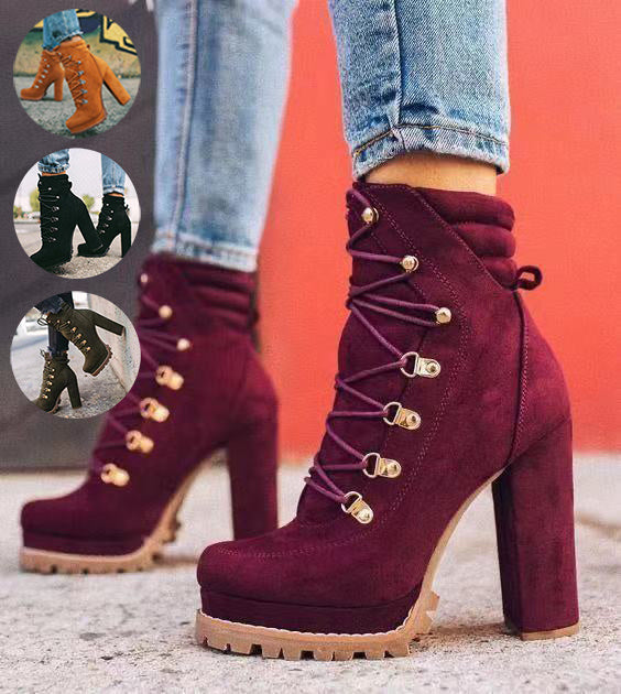 Round Toe Lace Up High Heeled Boots