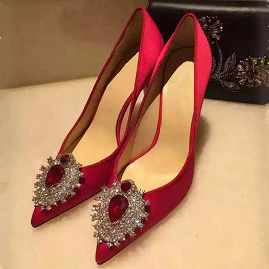 Rhinestone Satin Pointed Toe High Heels