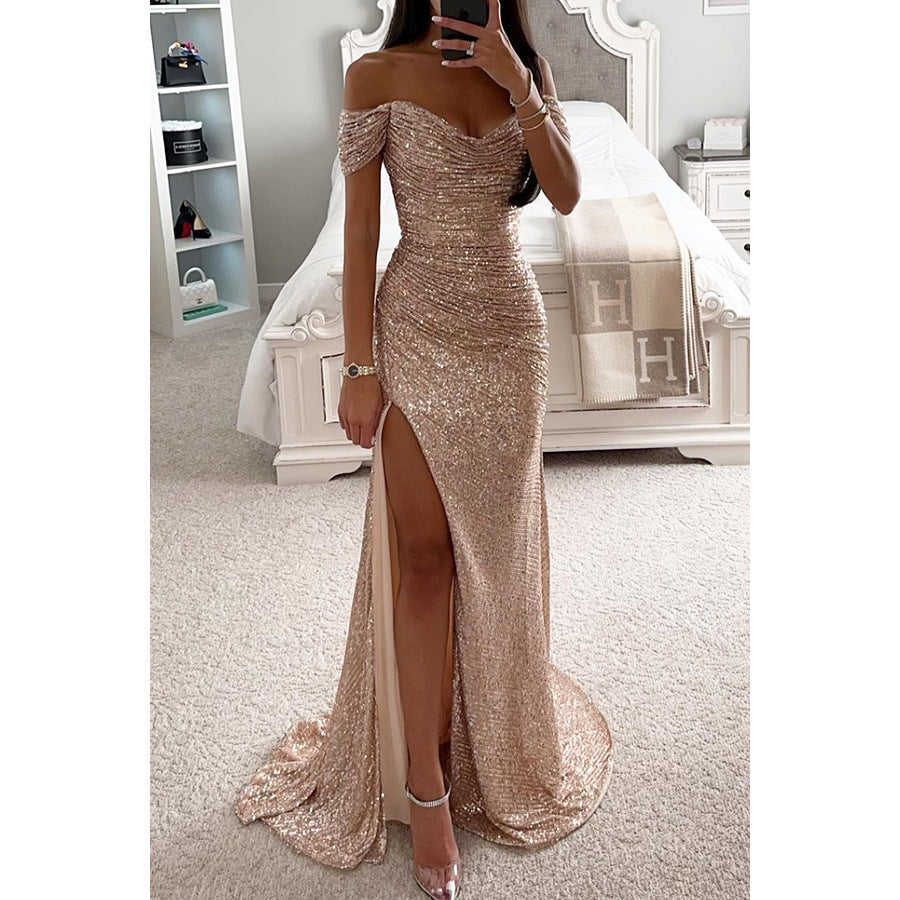 Off The Shoulder Sequin Evening Gown