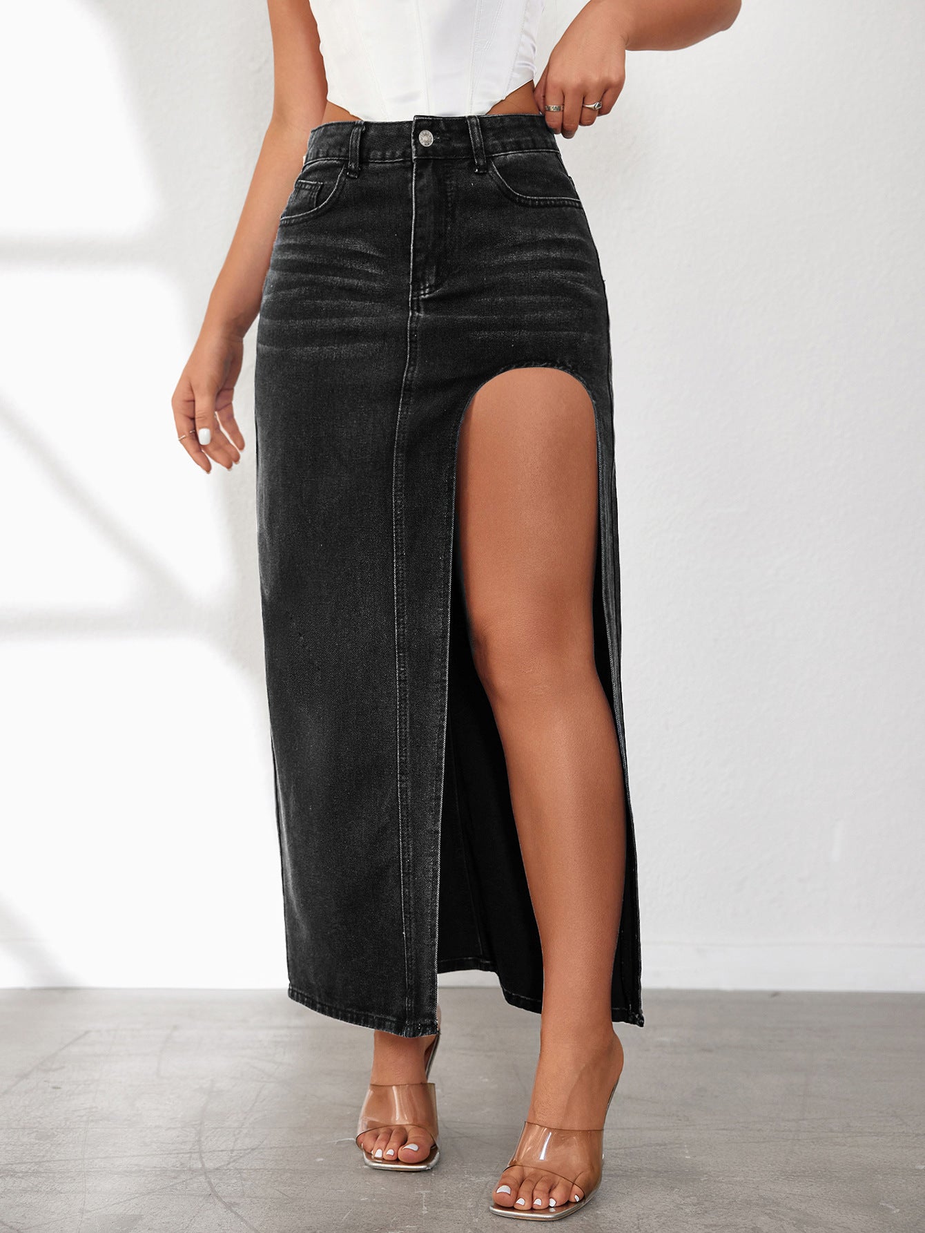 High Slit Denim Skirt Women's Washed Solid Color Midi Skirt