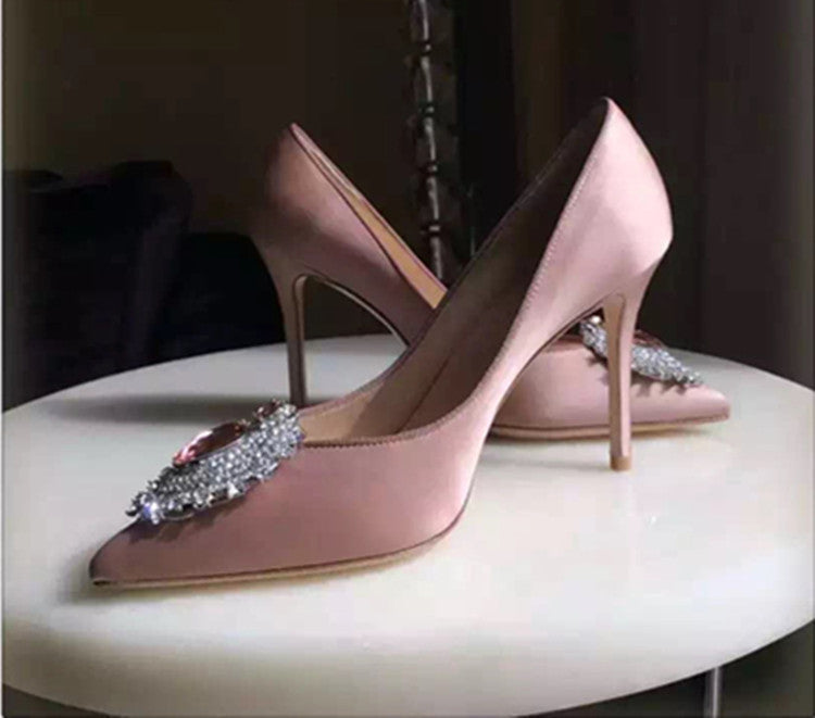 Rhinestone Satin Pointed Toe High Heels