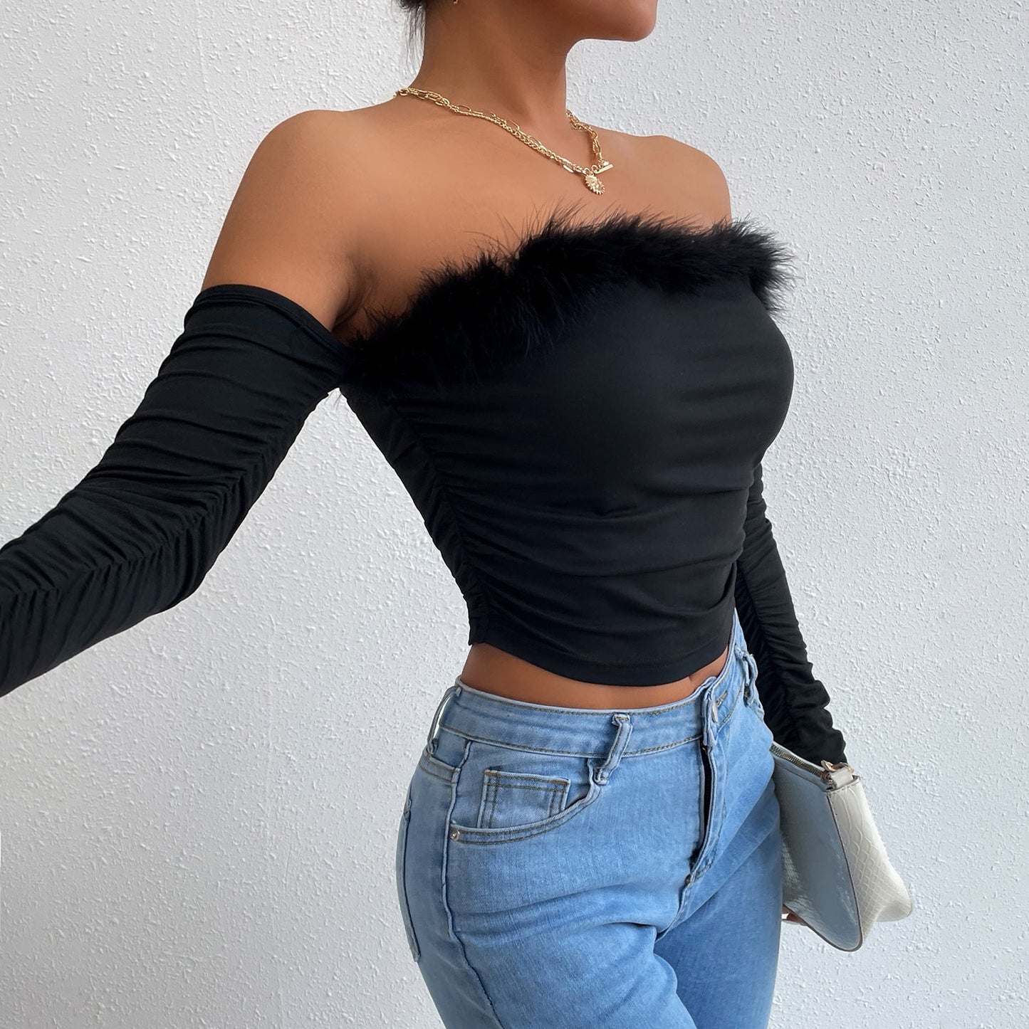 Feather Trimmed Off The Shoulder Top