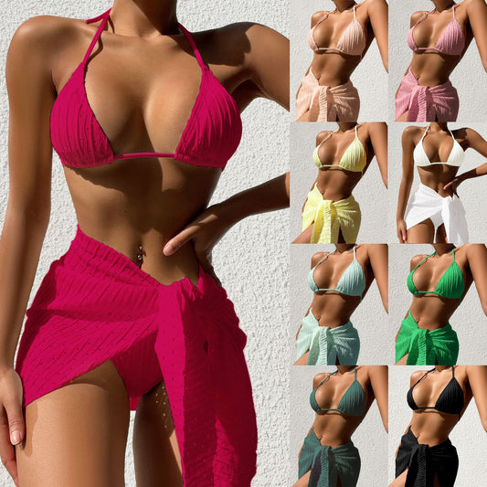 3pcs Halter Neck Bikini With Mesh Skirt