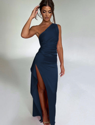 Satin One-Shoulder Gown With Thigh Split