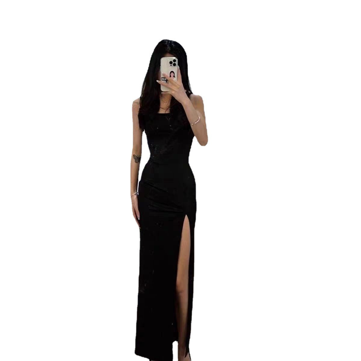 Black Slip Dress With Thigh Split