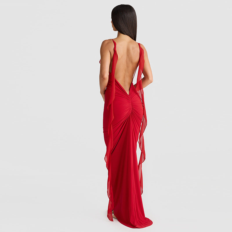 Backless Ruffle Detail Evening Gown