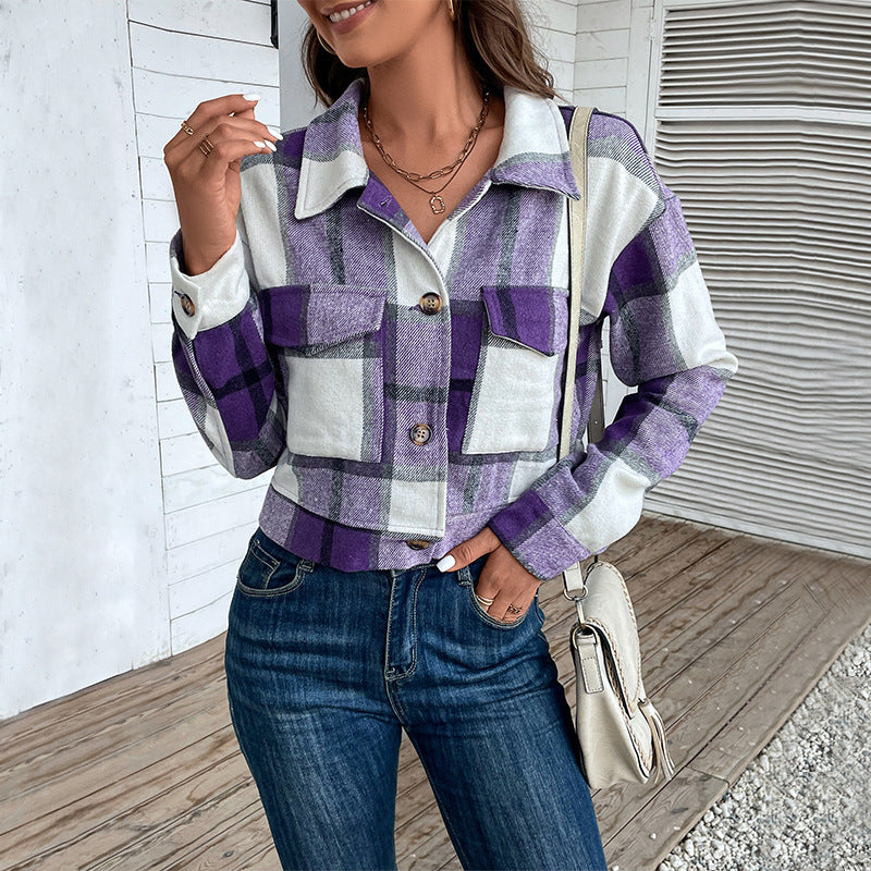 Plaid Cropped Jacket With Pockets