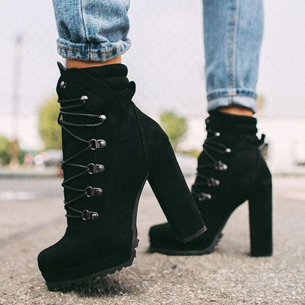 Round Toe Lace Up High Heeled Boots