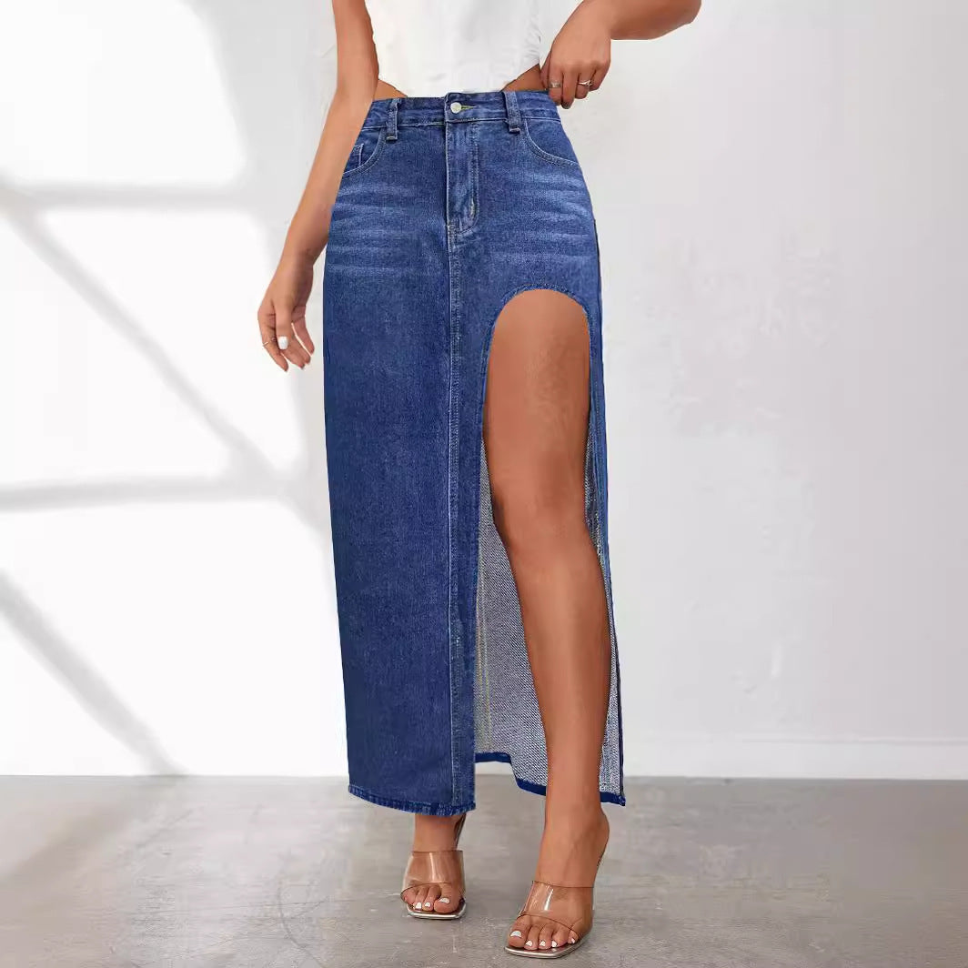 High Slit Denim Skirt Women's Washed Solid Color Midi Skirt