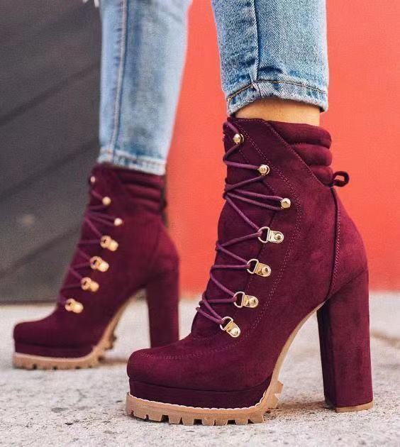 Round Toe Lace Up High Heeled Boots