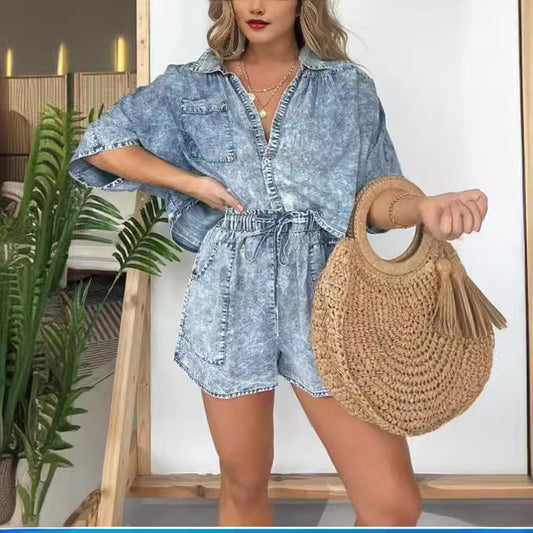 Loose Denim Bat Sleeve Shirt & Drawstring Shorts With Pockets Set