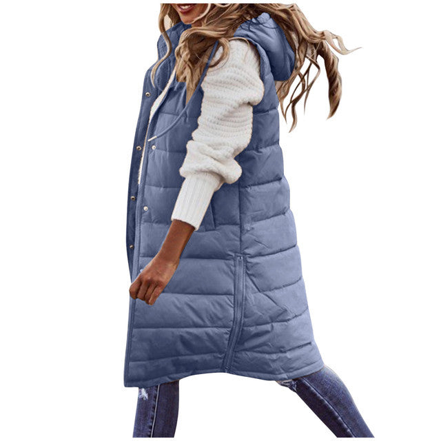 Long Puffer Vest With Hood