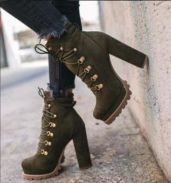 Round Toe Lace Up High Heeled Boots