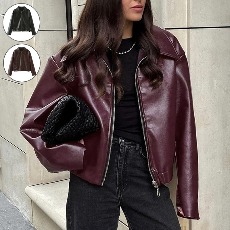 Oversized Leather Look Zipper Jacket