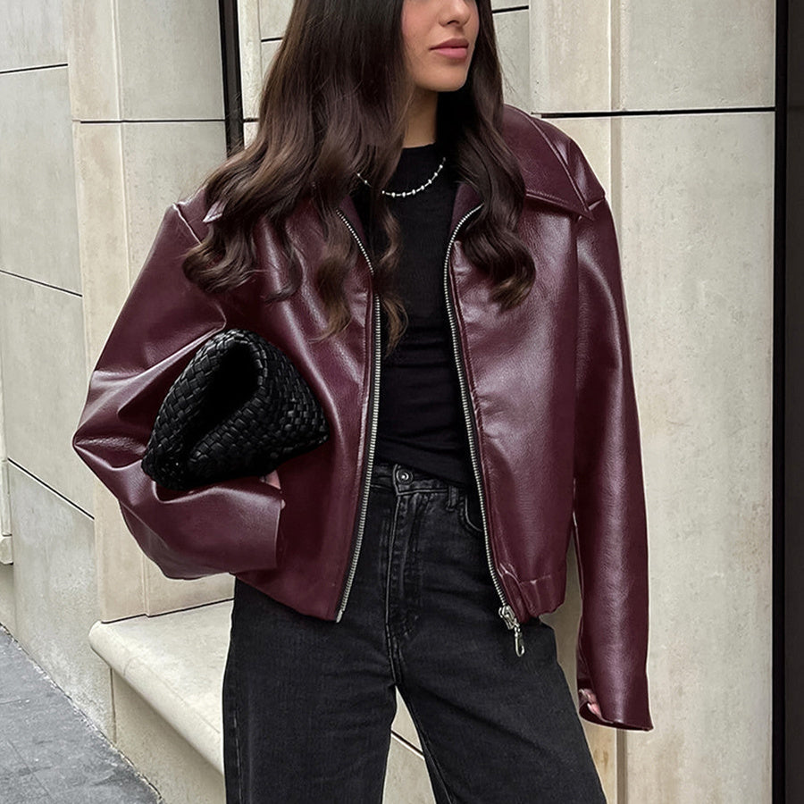 Oversized Leather Look Zipper Jacket