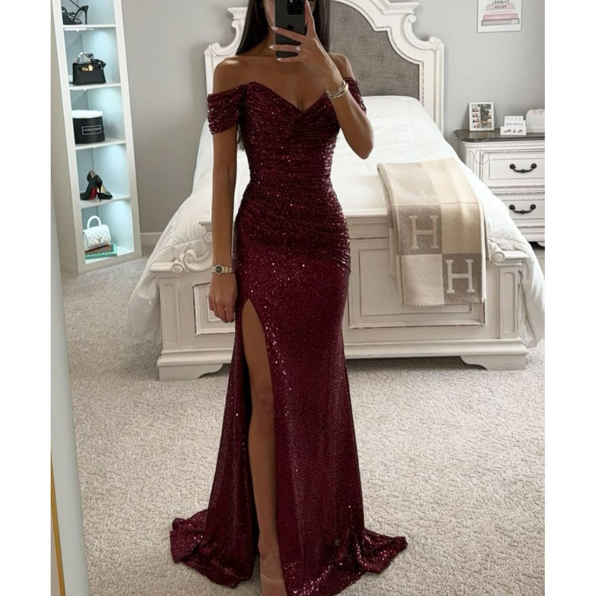 Off The Shoulder Sequin Evening Gown