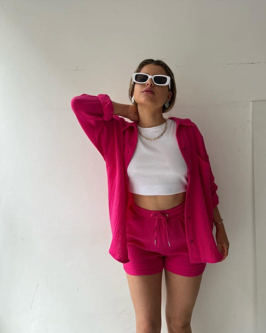 Long-sleeved Shirt & High-waisted Drawstring Shorts Casual Two-piece Set