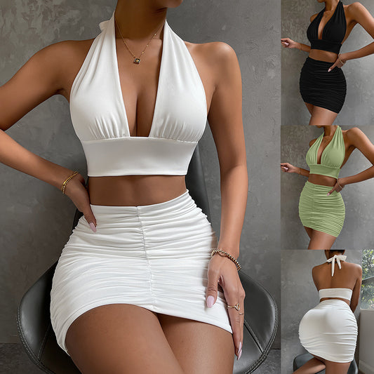 Halter Neck Top and Ruched Skirt Set