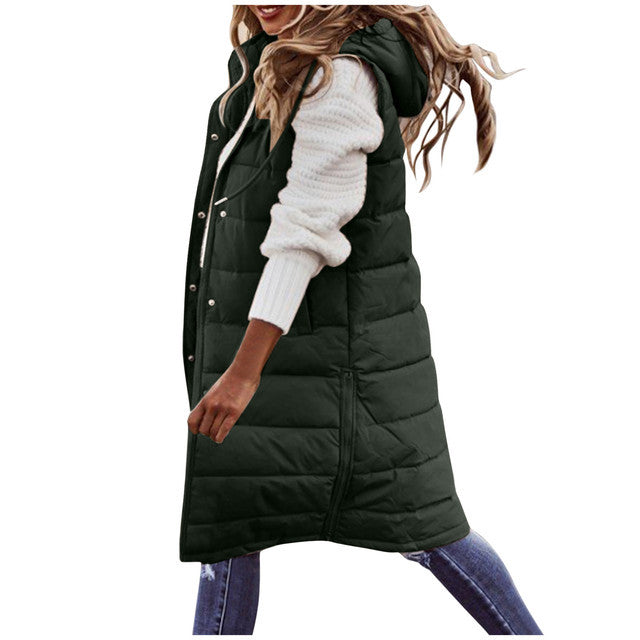 Long Puffer Vest With Hood