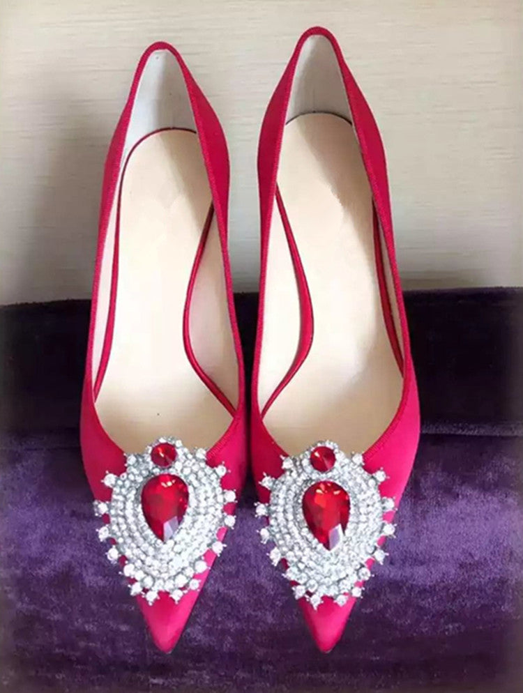 Rhinestone Satin Pointed Toe High Heels