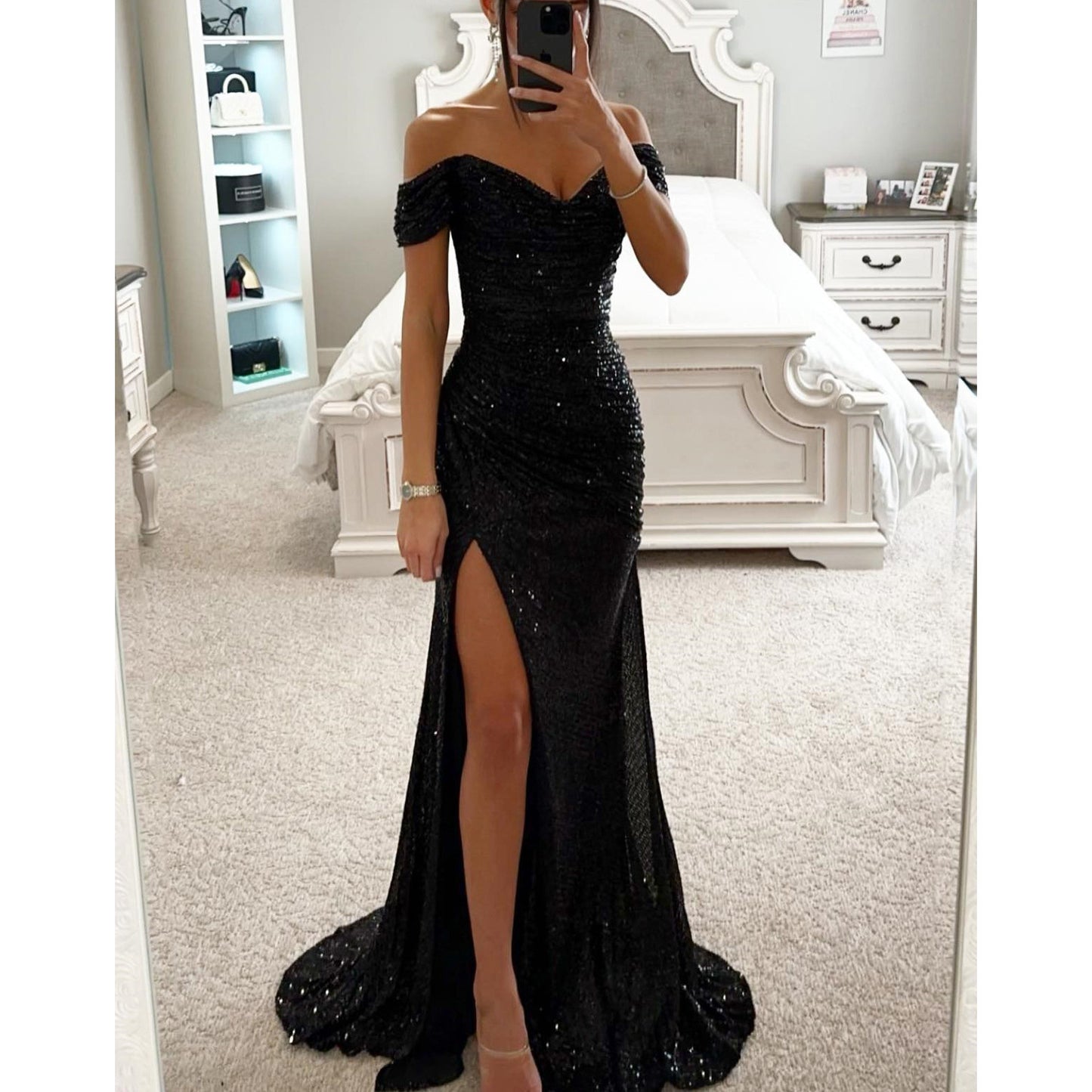 Off The Shoulder Sequin Evening Gown