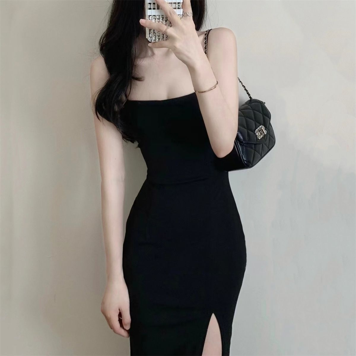 Black Slip Dress With Thigh Split