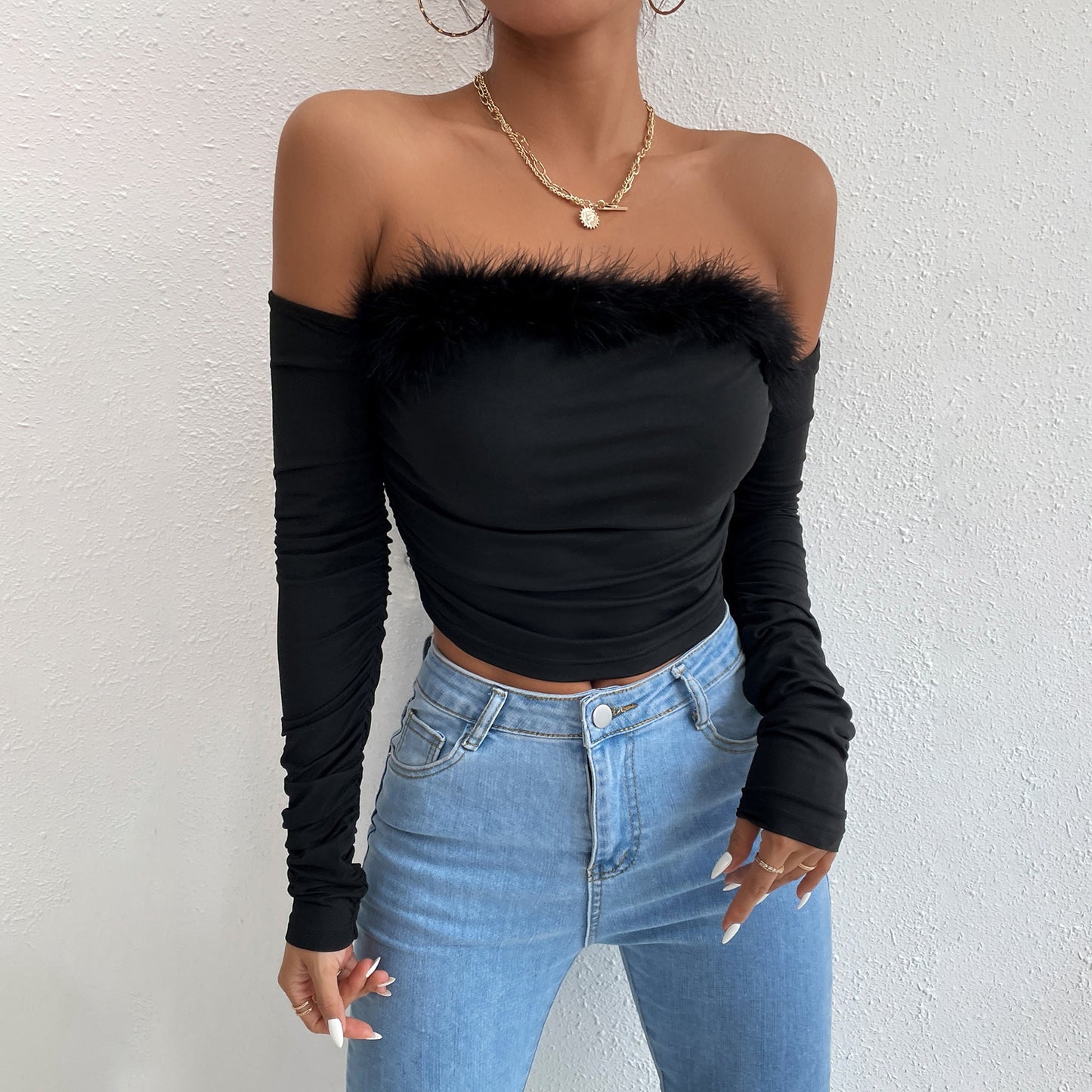 Feather Trimmed Off The Shoulder Top